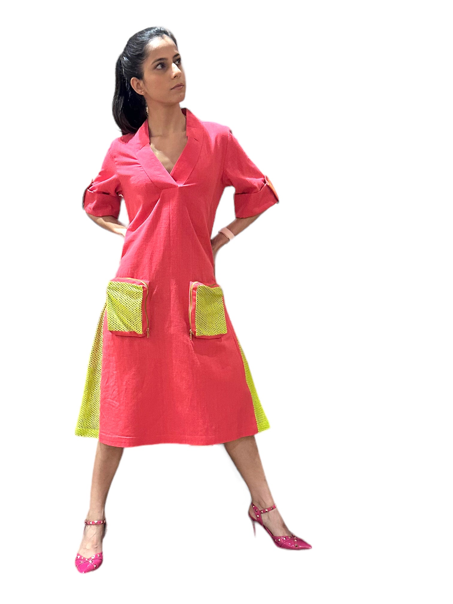 HOT PINK DEEP NECK SHIRT DRESS