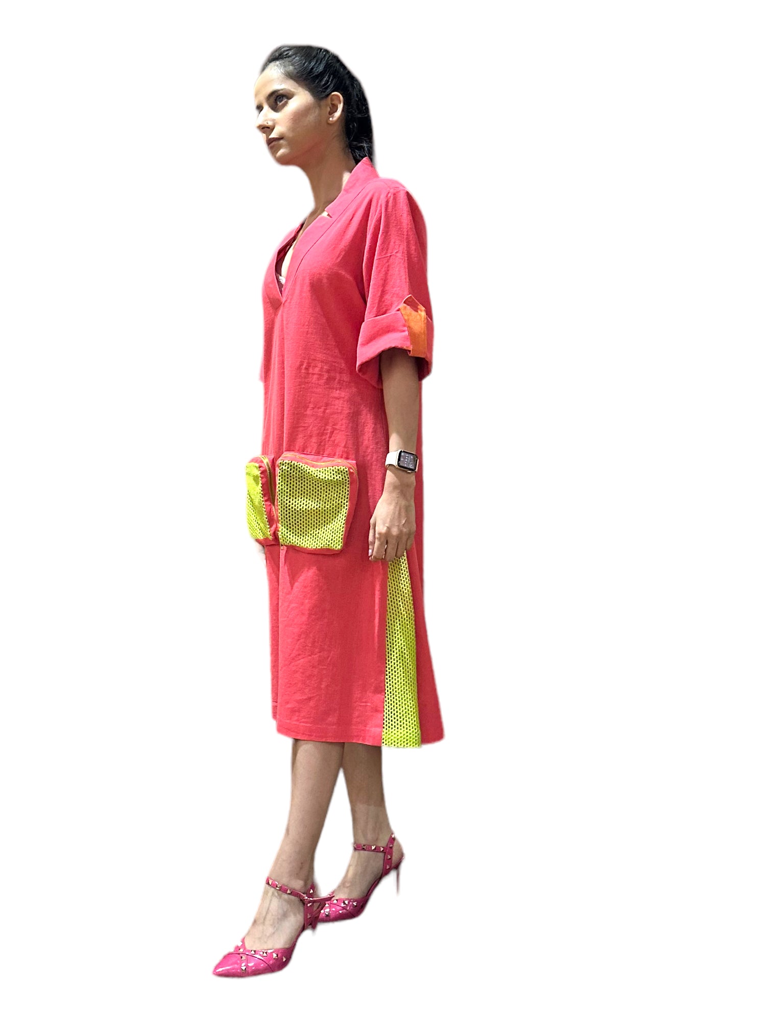 HOT PINK DEEP NECK SHIRT DRESS