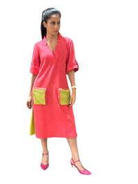 HOT PINK DEEP NECK SHIRT DRESS