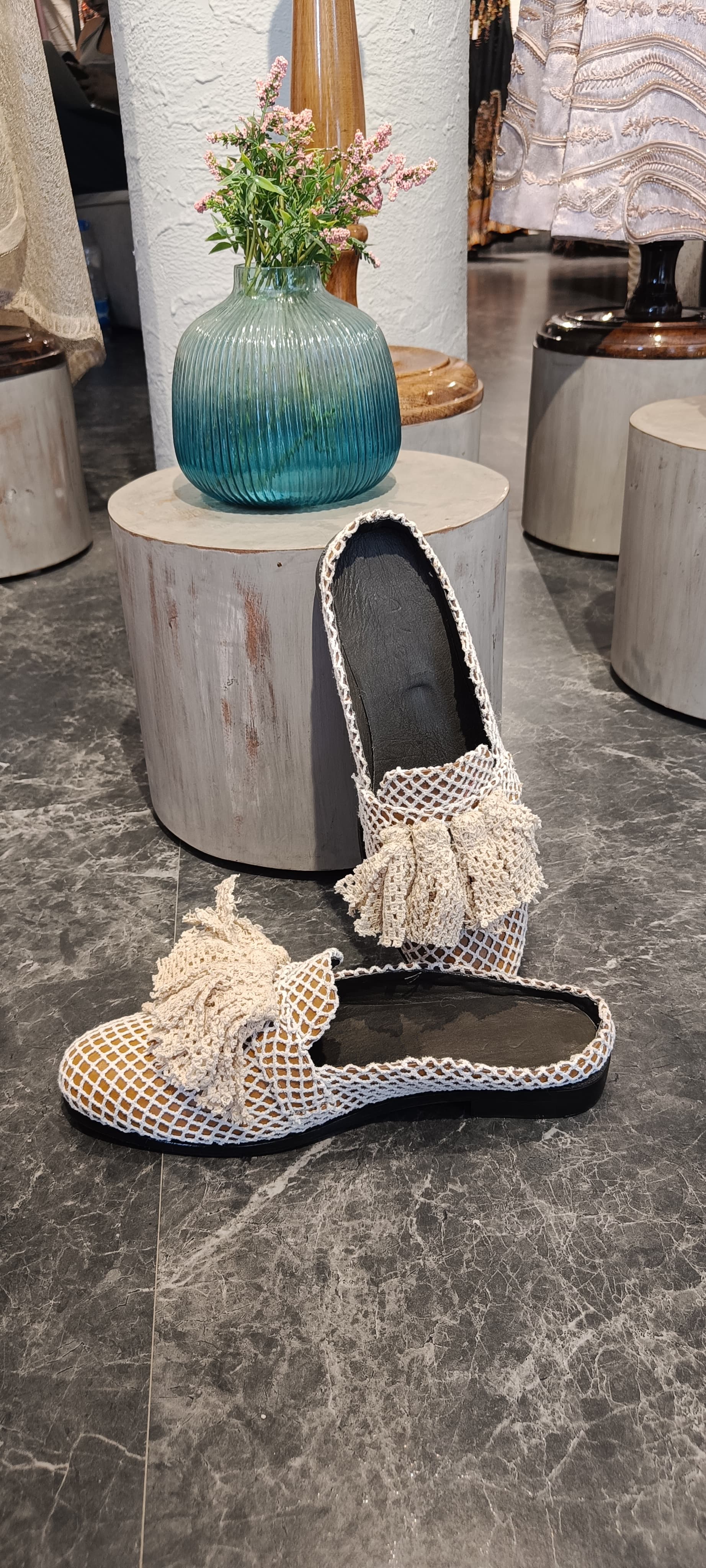 Ivory beige crochet mules