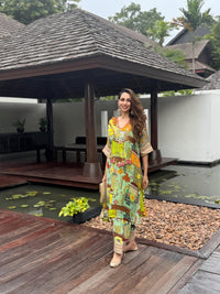 Festive green multi-coloured kaftan set