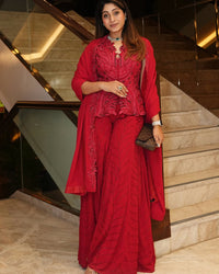 Crimson red Angel short jacket with plazzo and dupatta