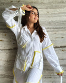Asymmetric White Shirt Dress with contrast 3d mesh pockets