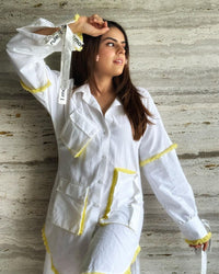 Asymmetric White Shirt Dress with contrast 3d mesh pockets