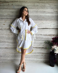 Asymmetric White Shirt Dress with contrast 3d mesh pockets