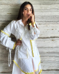Asymmetric White Shirt Dress with contrast 3d mesh pockets
