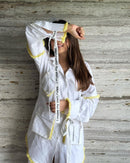 Asymmetric White Shirt Dress with contrast 3d mesh pockets