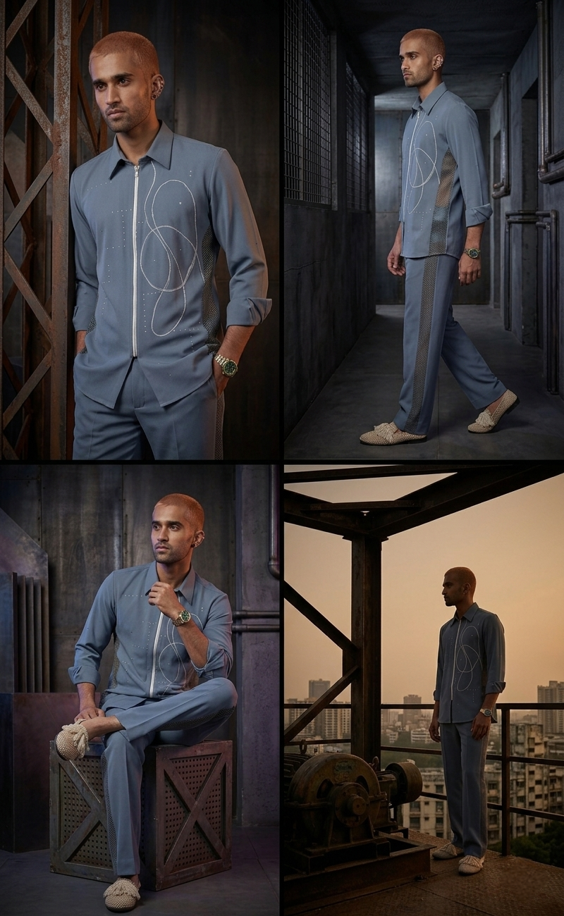 Slate mid night  embellished with ethno and hand paint co-ord men street wear
