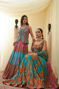 Light cyan with pastel pink print embroidered lehanga set with embroidered bodice