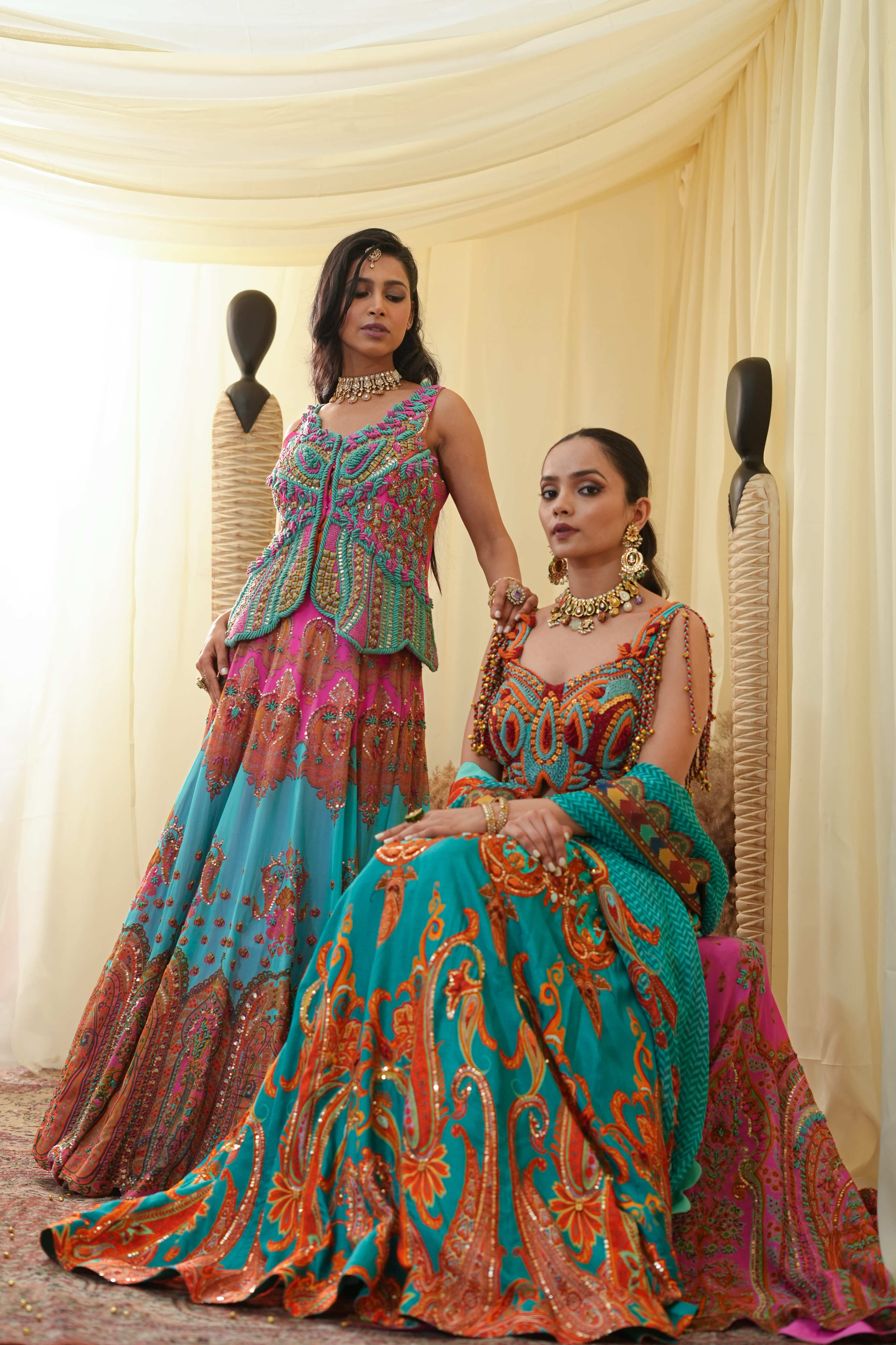 Light cyan with pastel pink print embroidered lehanga set with embroidered bodice