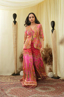 Pink print embroidered Jhankaar sharara pants with peplum cut bodice