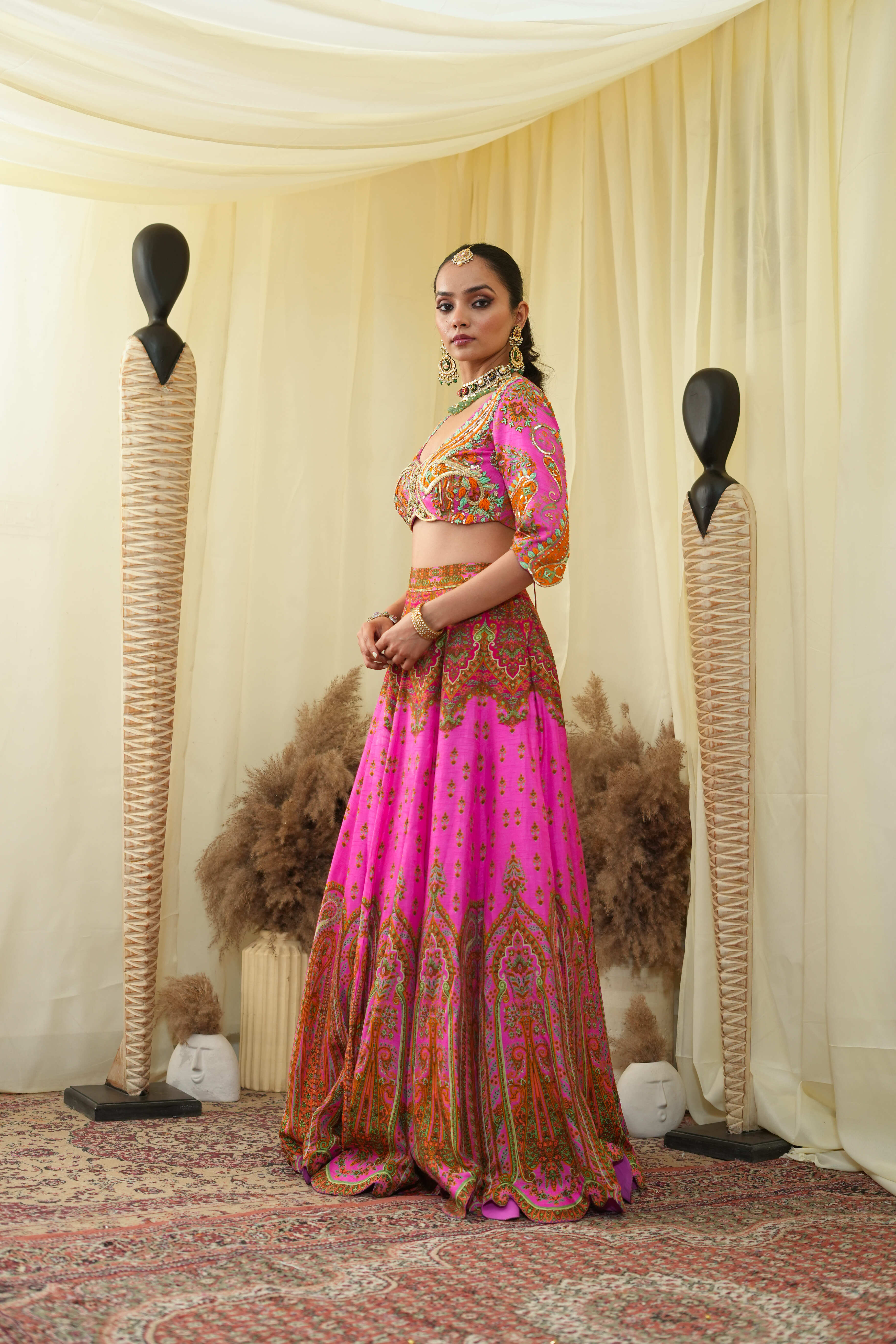 Cropped blouse with lehenga and dupatta