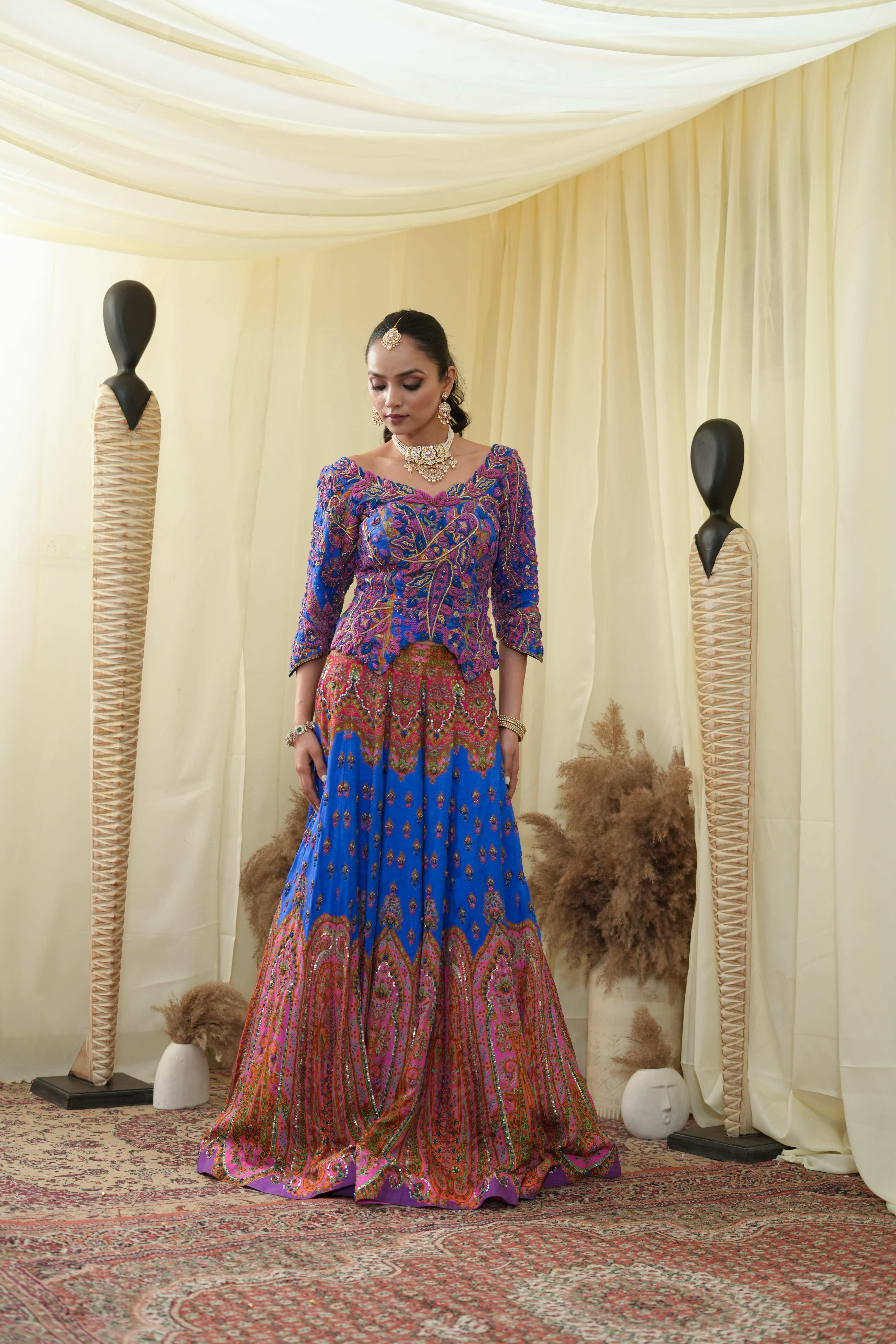 Corset blue bodice with embroided lehanga and dupatta