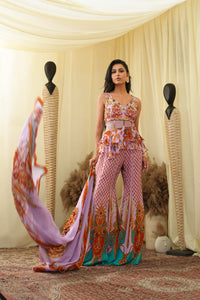 Print embroidered sharara pants with peplum cut bodice