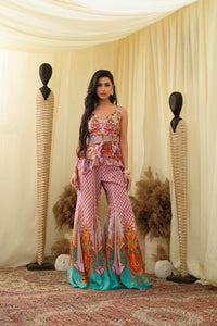Print embroidered sharara pants with peplum cut bodice