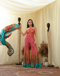 Print embroidered sharara pants with peplum cut bodice