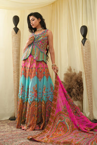 Light cyan with pastel pink print embroidered lehanga set with embroidered bodice