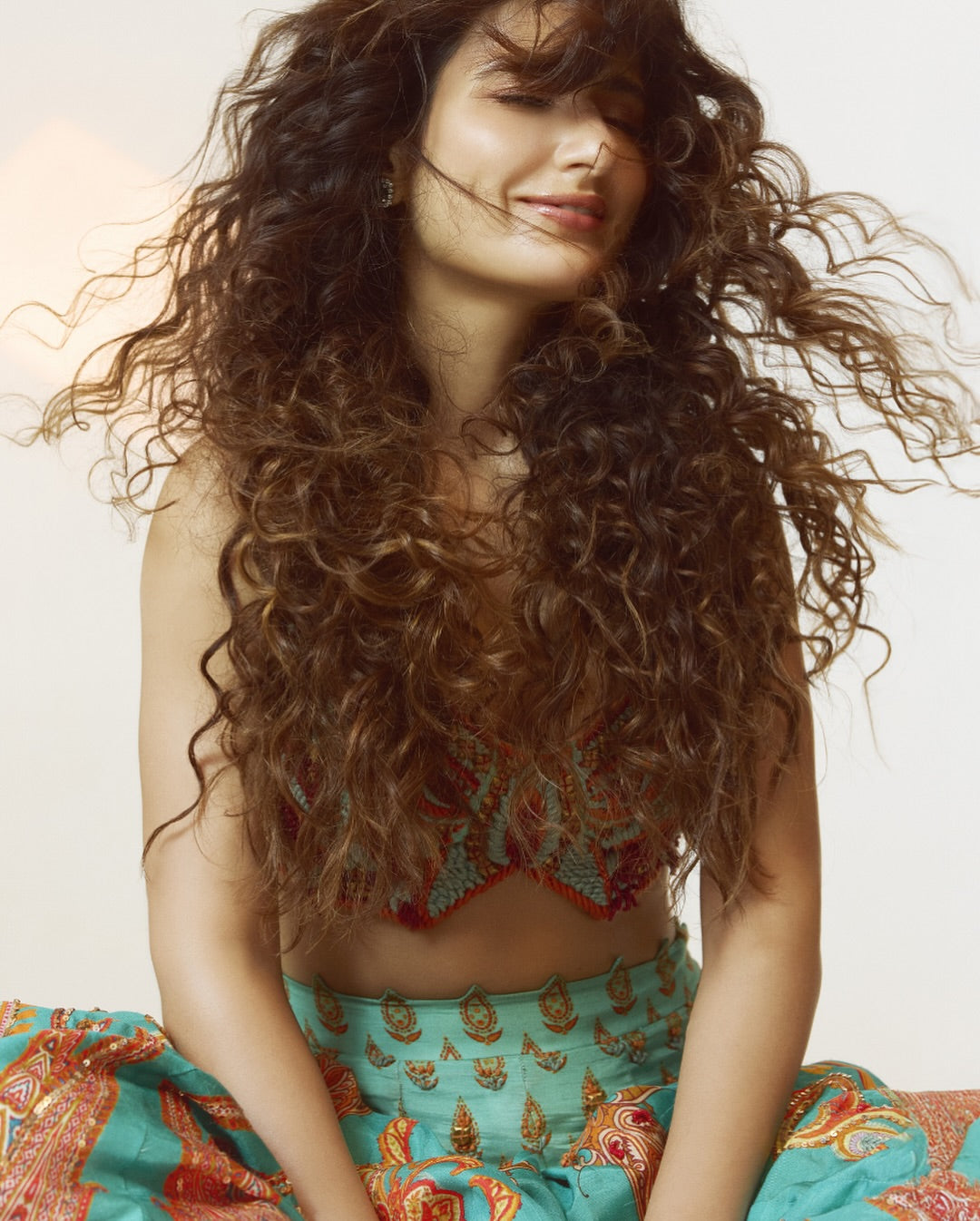 Fatima Sana Shaikh in Cyan print embroidered Jhankar lehenga set