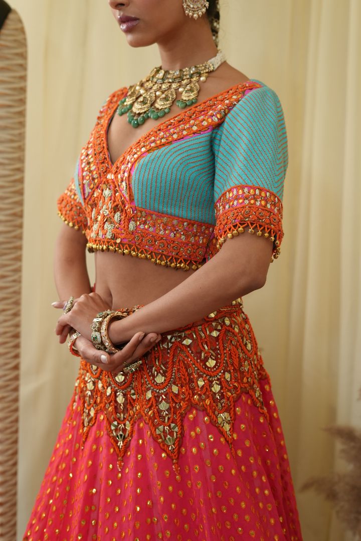 Tasseled scallop top , embroidered Lehenga set
