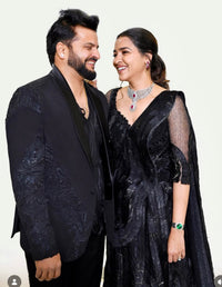 Priyanka raina Black corset saree, embellished with crushed and failed ethno strip with signature zardozdi embroidery neo