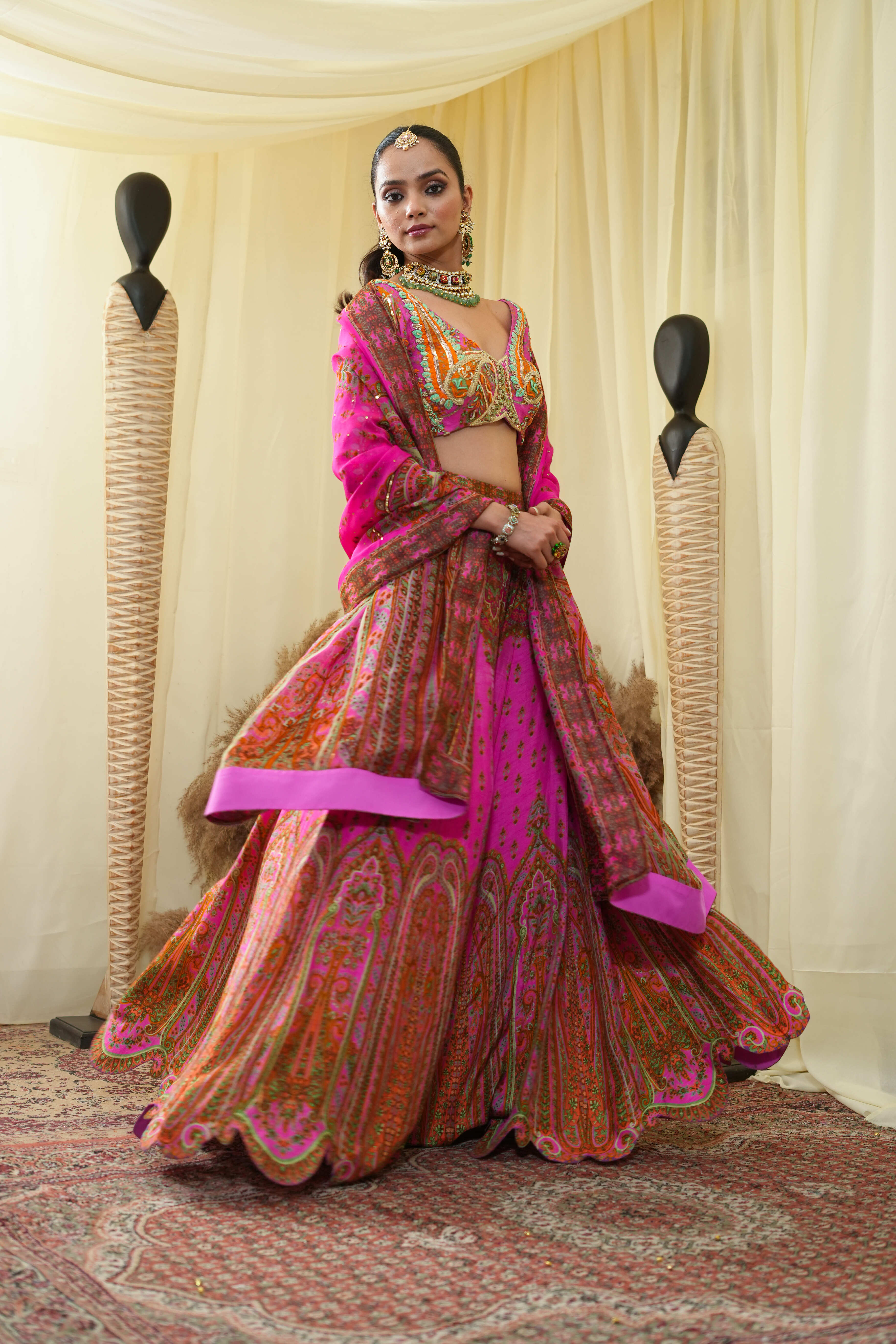Cropped blouse with lehenga and dupatta