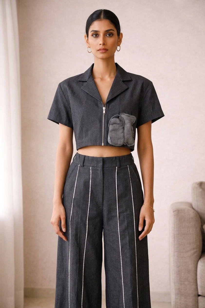 Co-ord lapelled top with plated pants denim ( street wear | Resort wear )