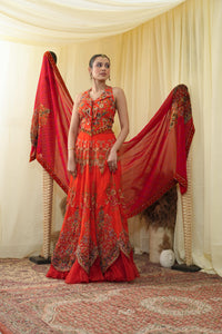 Lapelled blouse with lehenga and dupatta