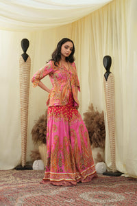 Pink print embroidered Jhankaar sharara pants with peplum cut bodice