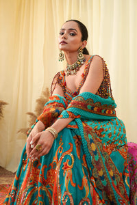 Cyan print embroidered Jhankar lehenga set