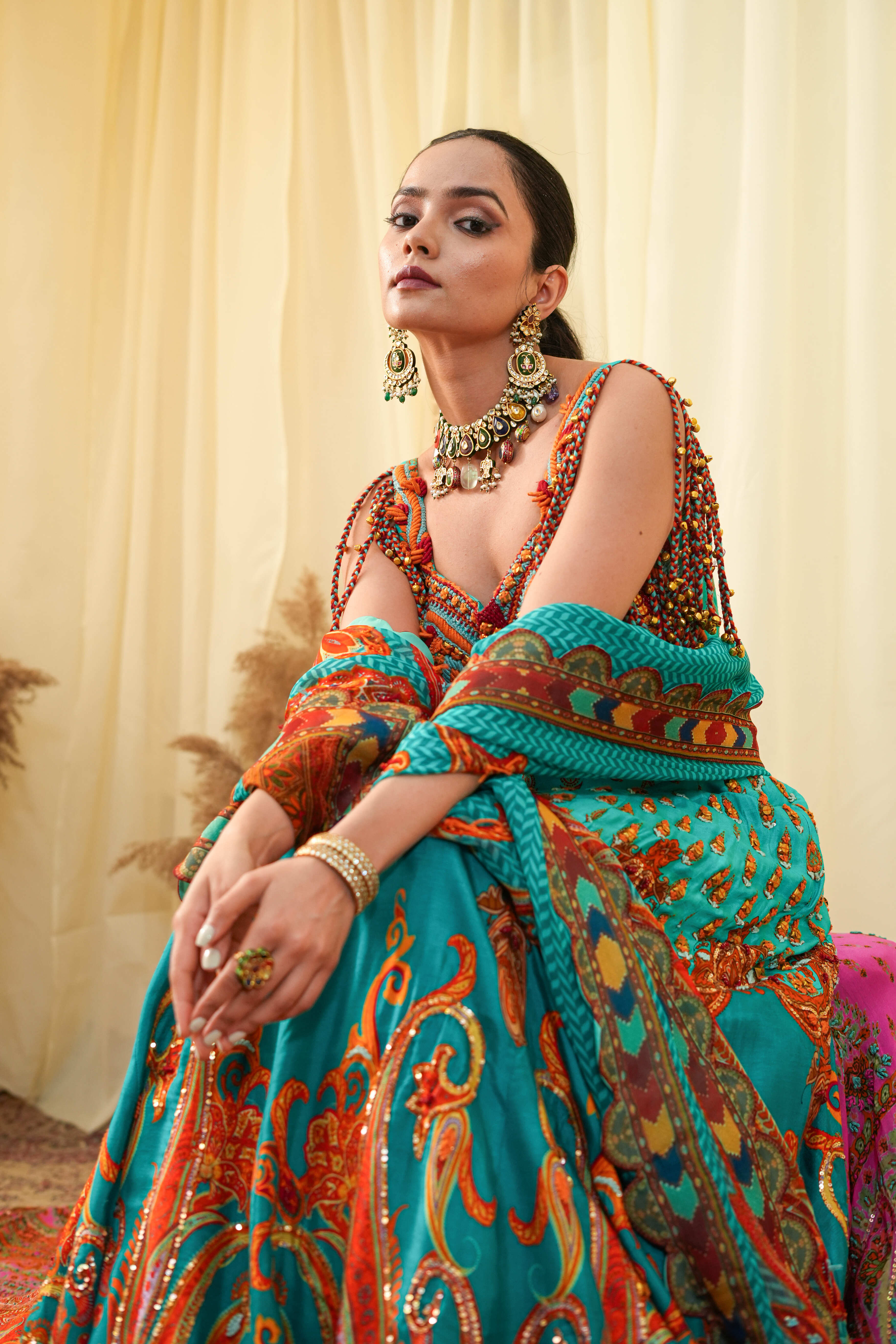 Cyan print embroidered Jhankar lehenga set