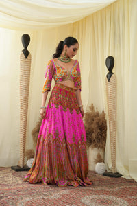 Cropped blouse with lehenga and dupatta