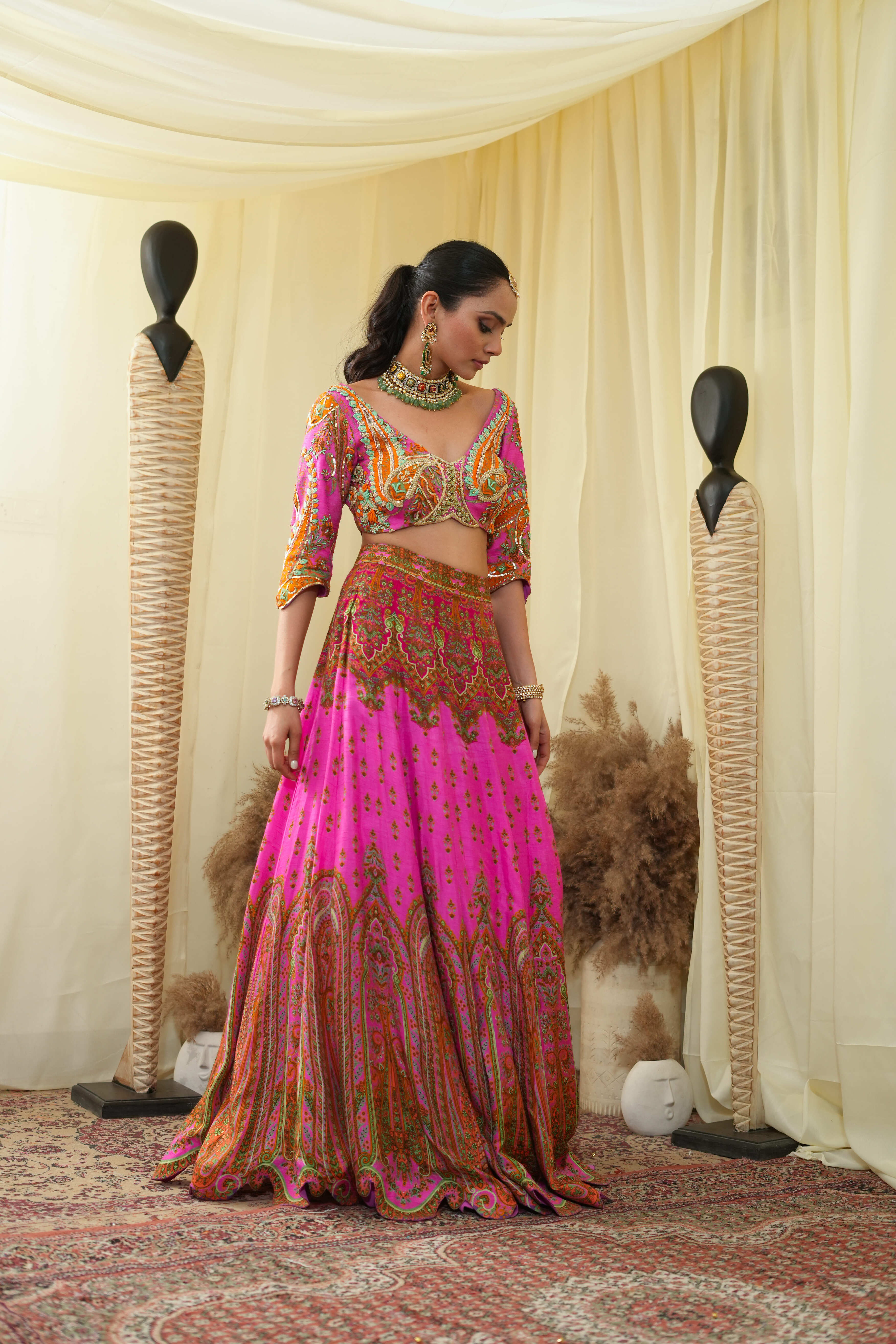 Cropped blouse with lehenga and dupatta