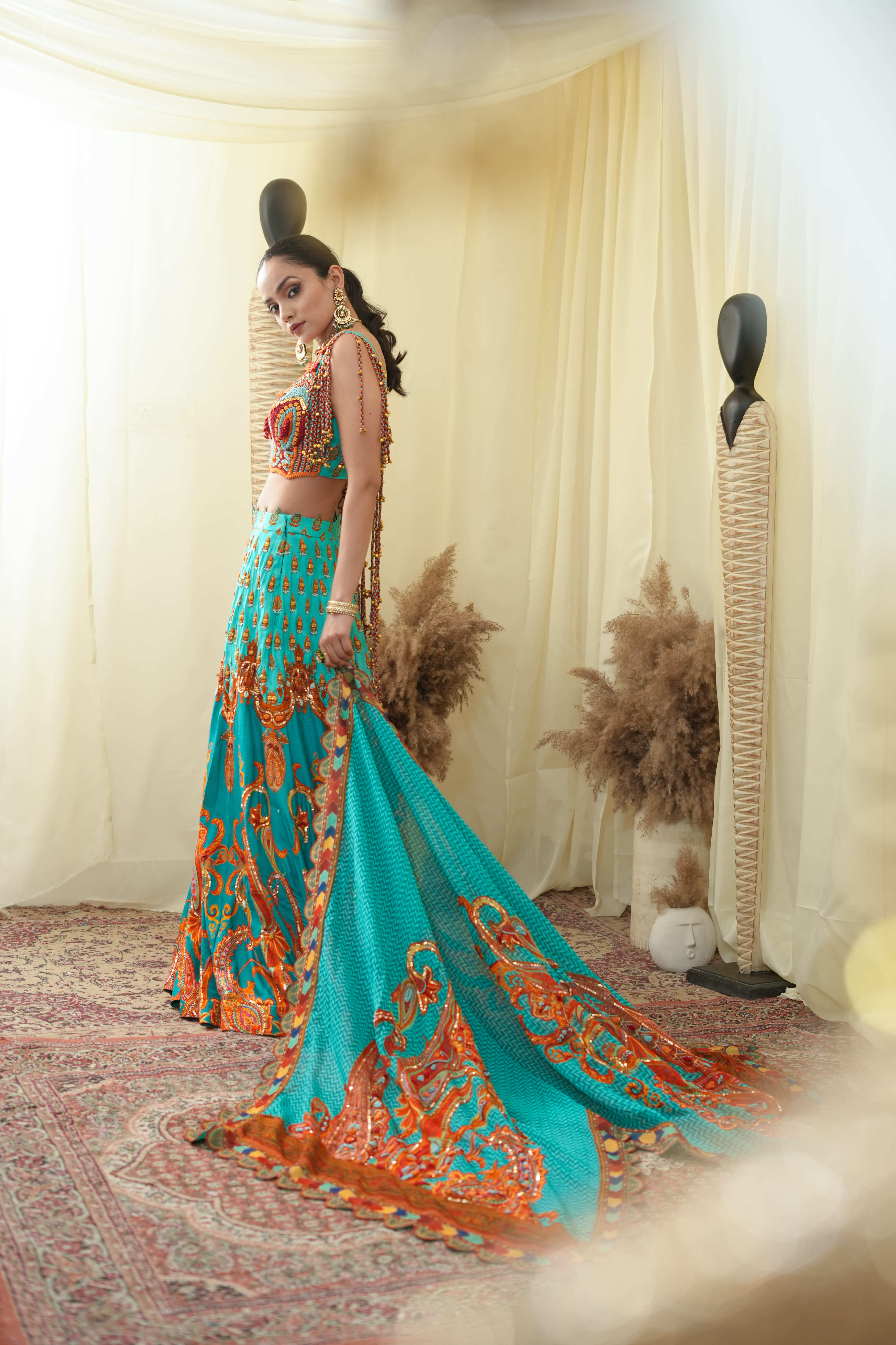 Cyan print embroidered Jhankar lehenga set