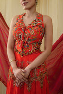 Lapelled blouse with lehenga and dupatta