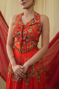 Lapelled blouse with lehenga and dupatta