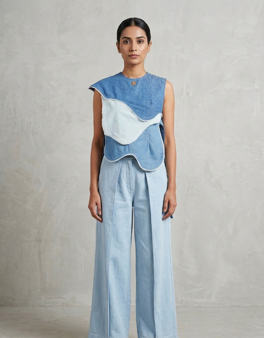 Paneled top stonned with plated pants denim ( street wear | Resort wear )