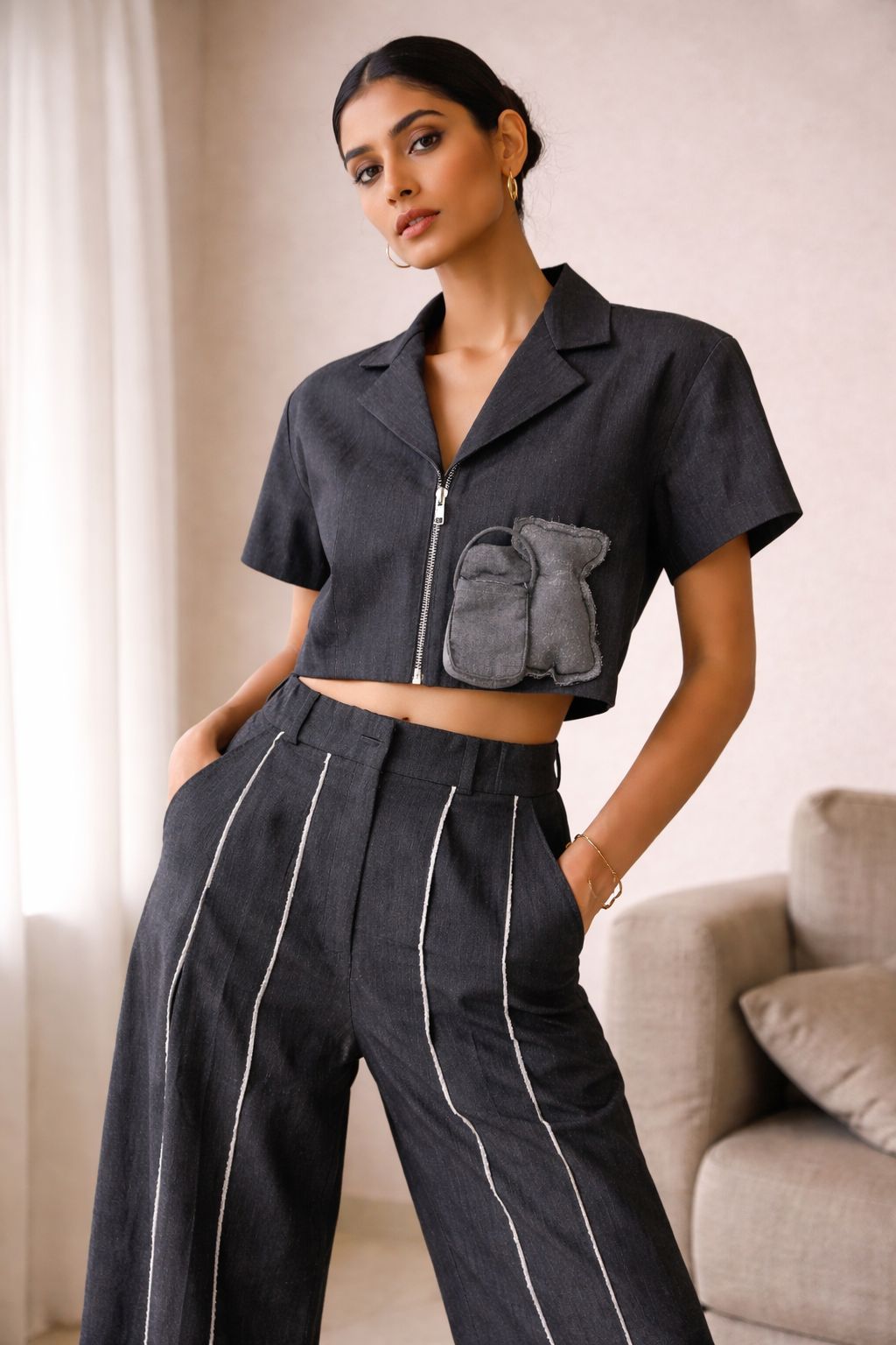 Co-ord lapelled top with plated pants denim ( street wear | Resort wear )