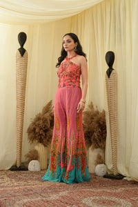 Print embroidered sharara pants with peplum cut bodice