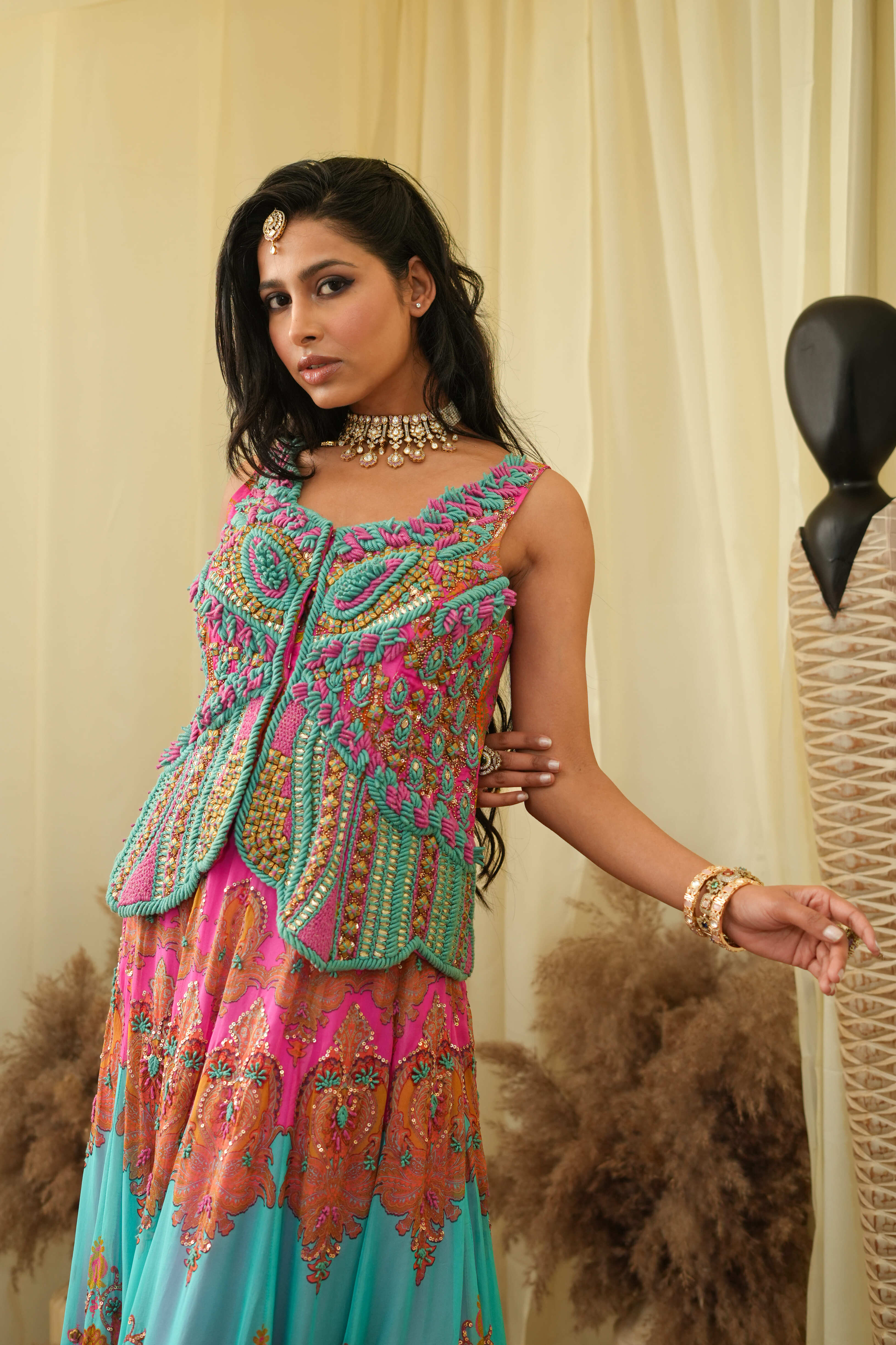 Light cyan with pastel pink print embroidered lehanga set with embroidered bodice