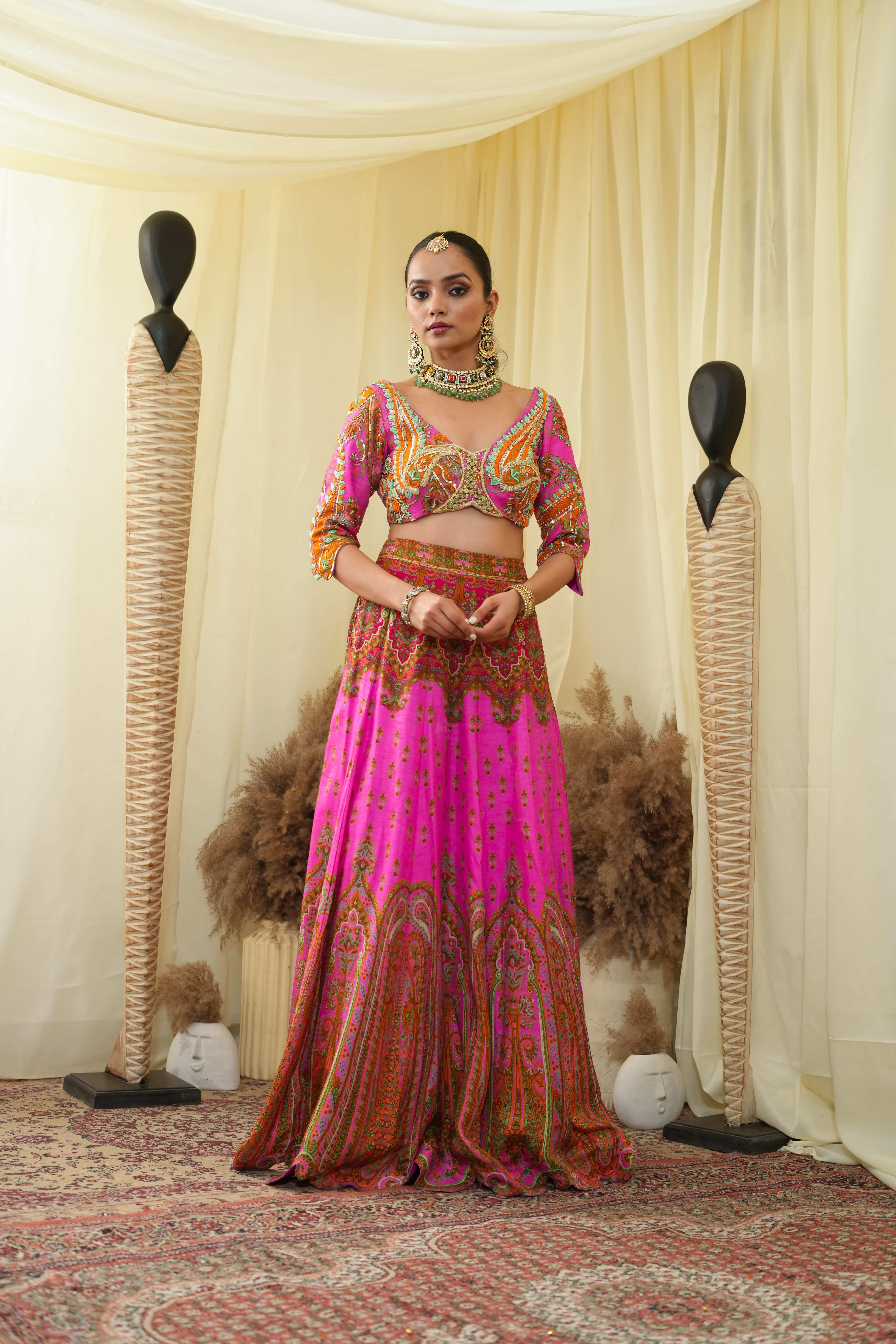 Cropped blouse with lehenga and dupatta