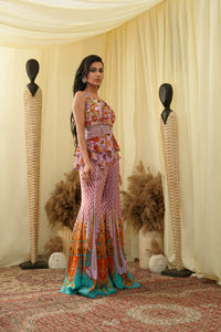 Print embroidered sharara pants with peplum cut bodice