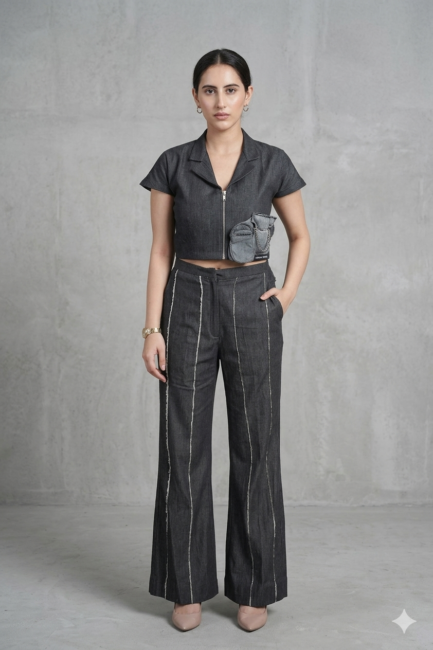 Co-ord lapelled top with plated pants denim ( street wear | Resort wear )