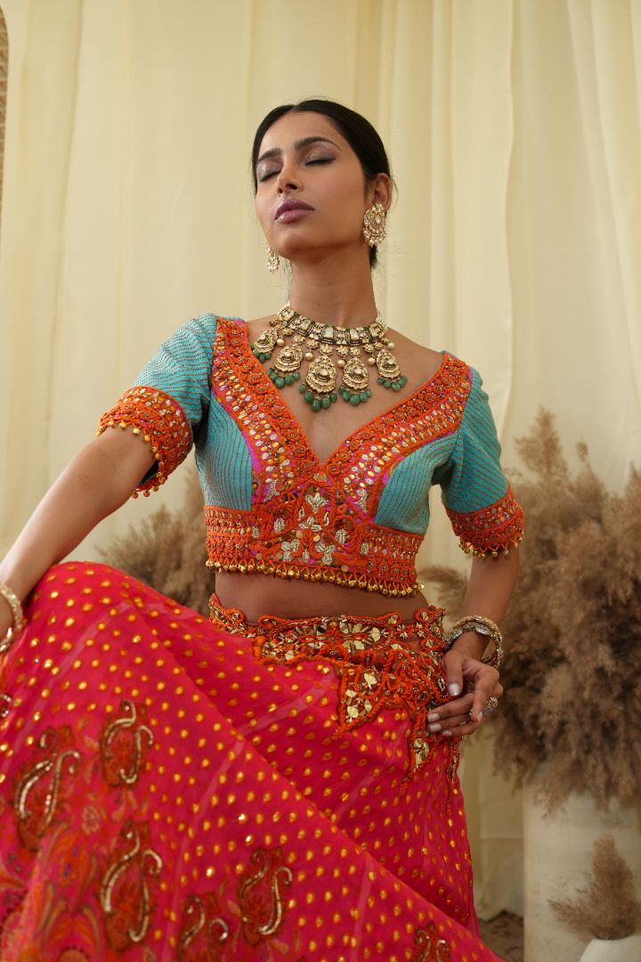 Tasseled scallop top , embroidered Lehenga set