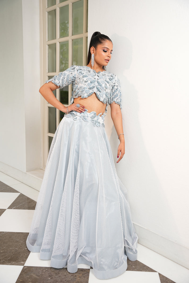 Mesh signature lehenga set embellished with cut work and signature embroideries