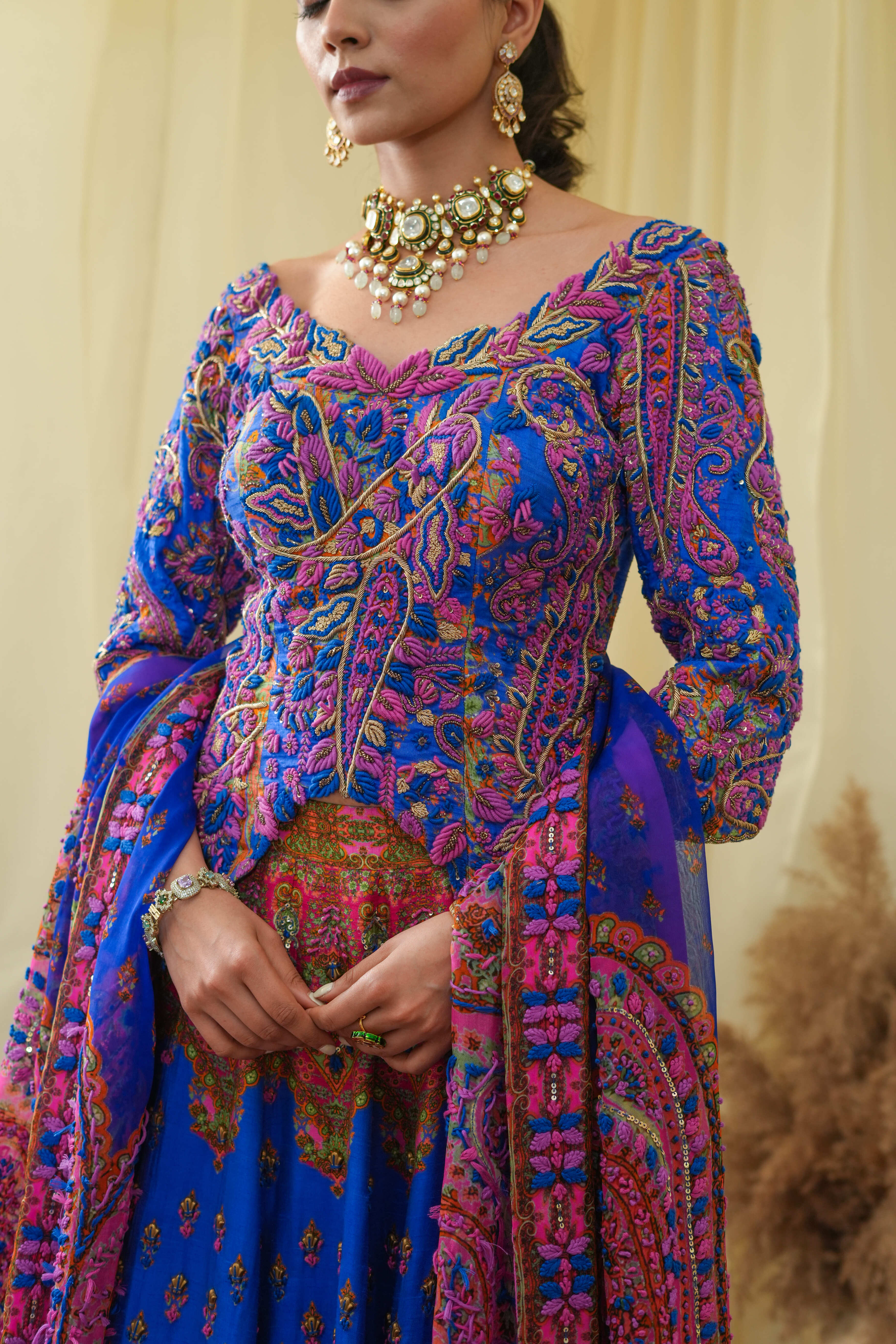 Corset blue bodice with embroided lehanga and dupatta