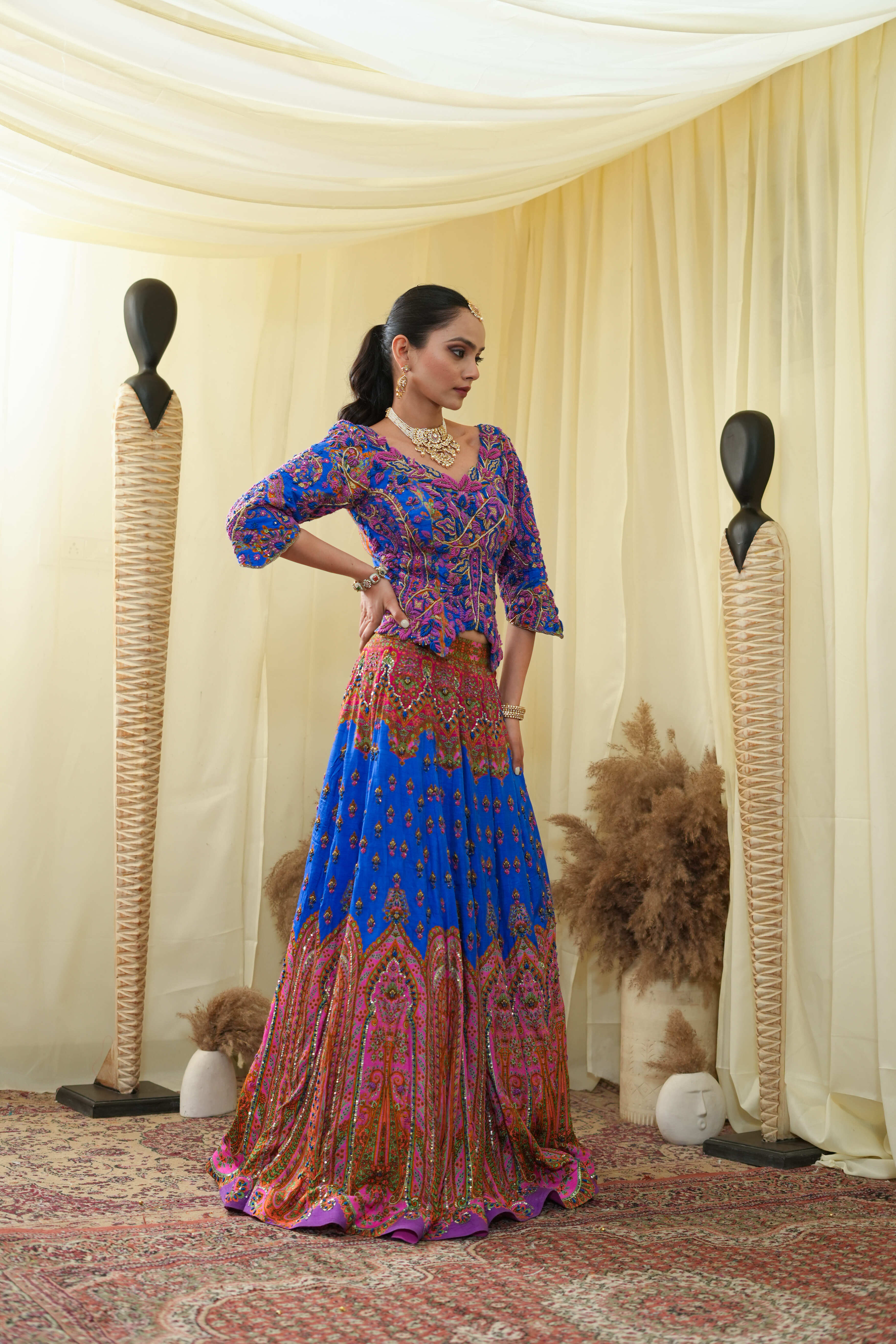 Corset blue bodice with embroided lehanga and dupatta
