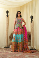 Light cyan with pastel pink print embroidered lehanga set with embroidered bodice