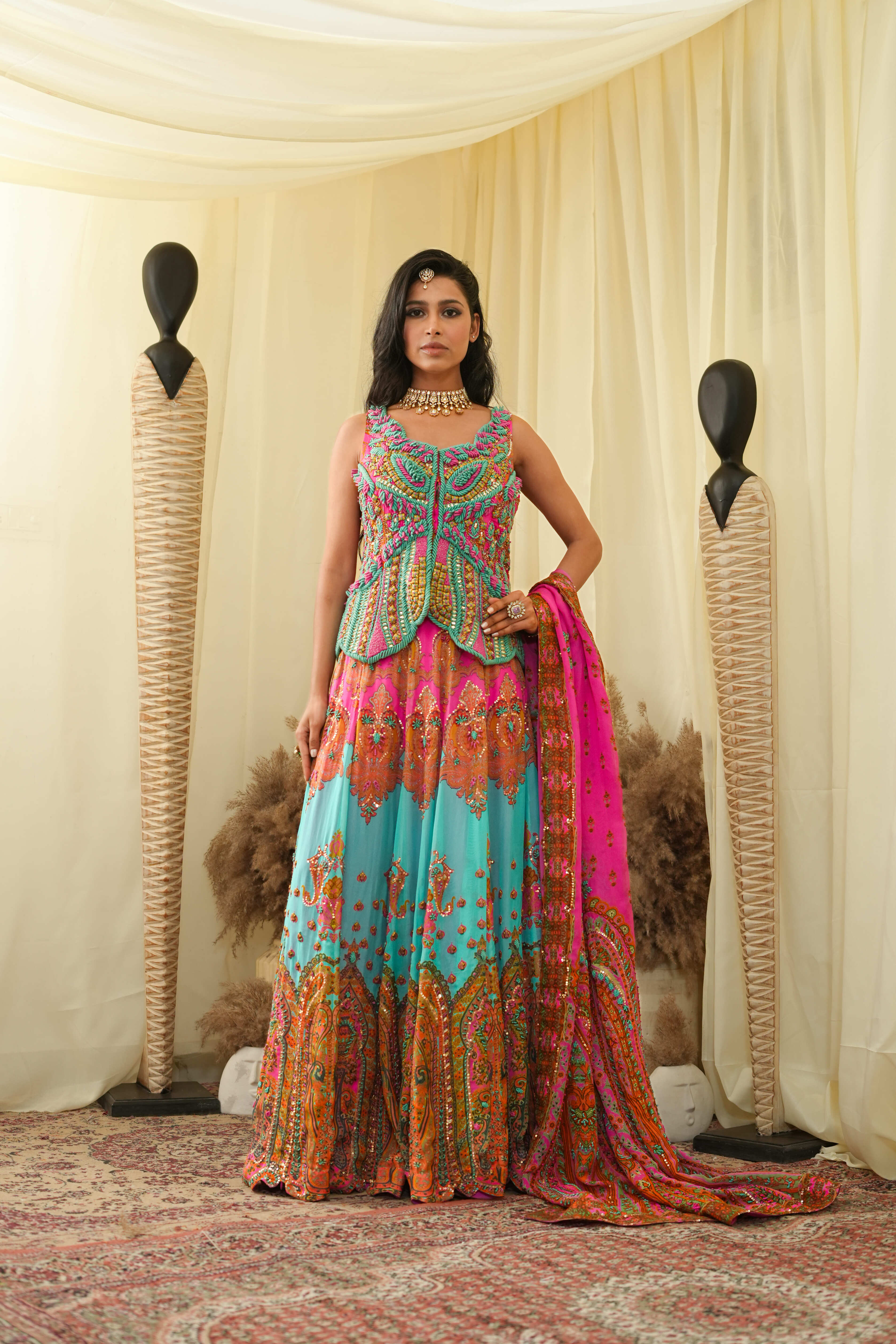 Light cyan with pastel pink print embroidered lehanga set with embroidered bodice