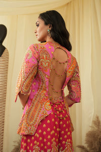 Pink print embroidered Jhankaar sharara pants with peplum cut bodice