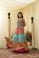 Light cyan with pastel pink print embroidered lehanga set with embroidered bodice